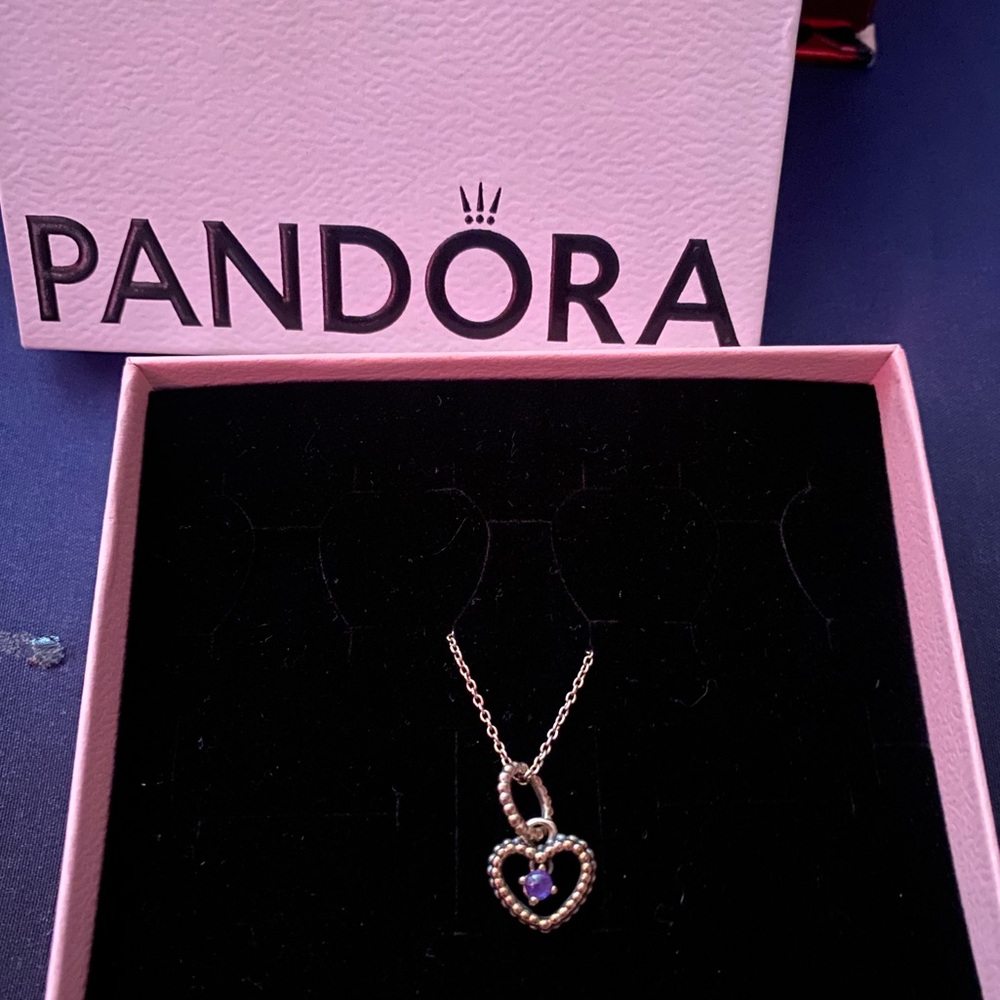 Pandora Silver Heart Necklace with Purple February Birthstone